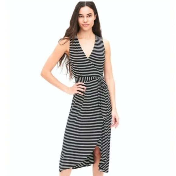 Gap Black White Stripe Sleeveless Wrap Dress V-Neck Soft Stretchy Size XL New - Picture 1 of 10